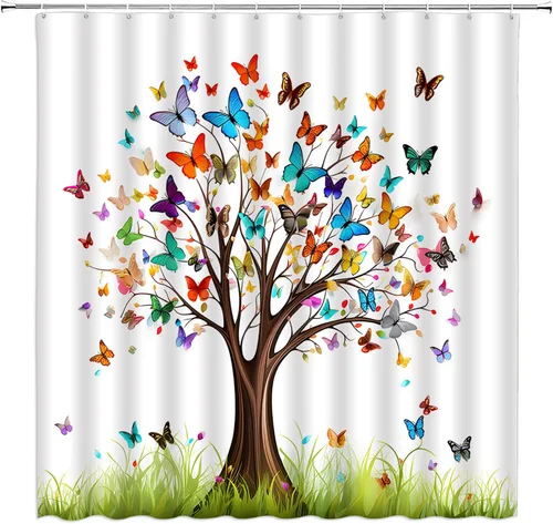 Miniatura 11 de Cortina de ducha de flores y mariposas, flores de flores, primavera, naturaleza, fantasía, jardín, tela para el hogar, juego de decoración de baño