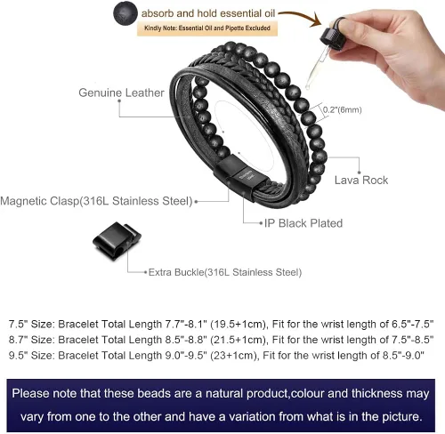 Miniatura 2 de Speroto - Pulsera para hombre de cuero trenzado con cuentas de lava y ónix