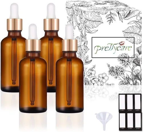 Miniatura 37 de PrettyCare Paquete de 4 botellas con cuentagotas de aceites esenciales, botellas vacías de tintura para cuidado personal y belleza, Ámbar