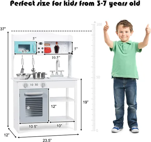 Miniatura 7 de Costzon Juego de cocina para niños, cocina de madera con fregadero, horno, microondas, estufa, ollas, utensilios, juego de cocina con estante, Blanco