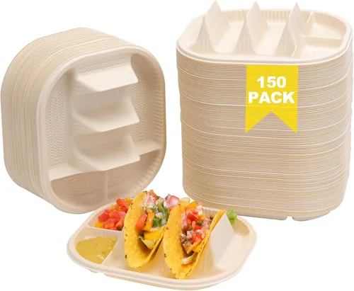 Pequeños platos desechables para tacos con lados de inmersión, paquete de 150 unidades, soporte para tacos de almidón de maíz biodegradable, tamaño