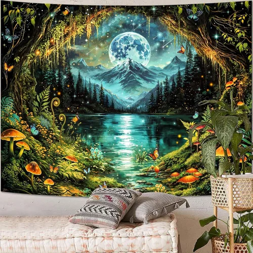Miniatura 23 de Kanuyee Tapiz de bosque verde, tapiz de paisaje para pared, tapices de naturaleza para techo y pared, colgante para dormitorio, sala de estar