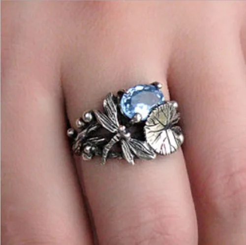 Anillos vintage de plata tailandesa 925 plata tailandesa topacio azul hoja de loto libélula anillos boda fiesta joyería regalo