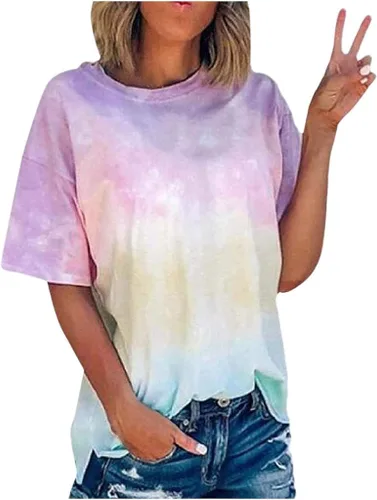 Miniatura 4 de Tie-Dye Camisas Mujer Fashio Camiseta Manga Corta Tops Cuello Redondo Camiseta suelta Túnica Esconder el vientre básico