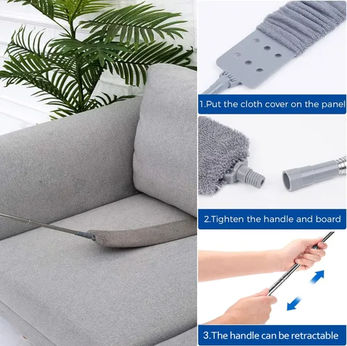 Miniatura 3 de Limpiador de polvo de microfibra, artefacto de limpieza de polvo de huecos con poste de extensión y cabezal flexible, plumeros extensibles lavables