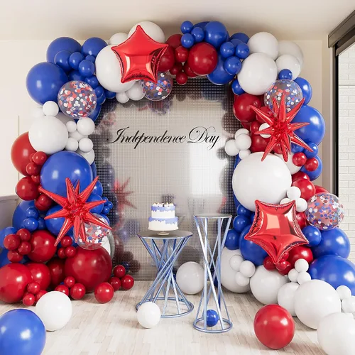 Kit de guirnalda de arco de globos azules, blancos y rojos: 127 globos de aluminio con forma de estrella de explosión roja para cumpleaños,