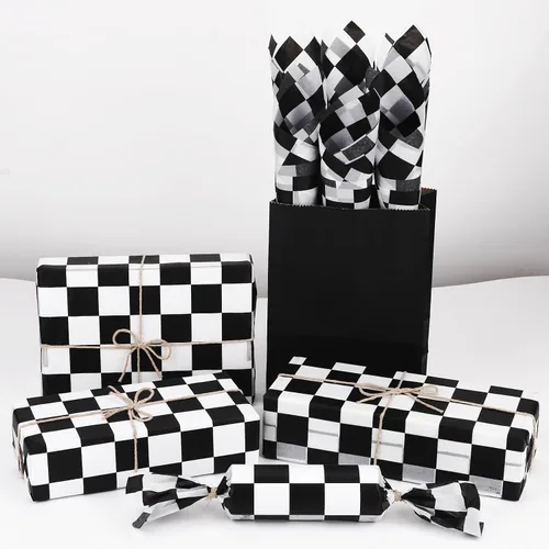 Miniatura 7 de Welpurch 120 hojas de papel de regalo de fiesta de autos de carreras en blanco y negro, 20 x 14 pulgadas
