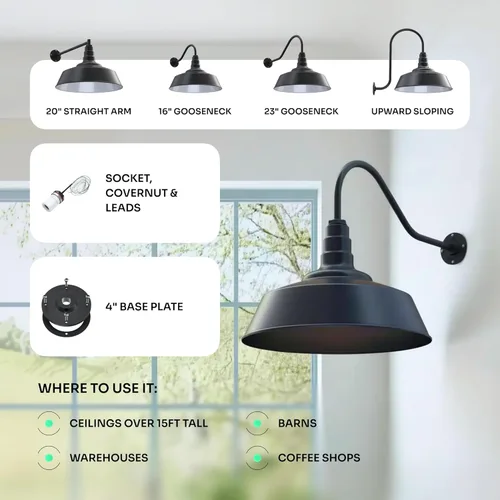 Miniatura 4 de Steel Lighting Co. Lámpara grande de granero para exteriores, con cuello de cisne, fabricada en Estados Unidos con acero de calibre 18, cúpula de 20