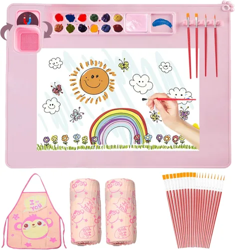 Tapete de pintura de silicona, kit de estaciones de pintura [1 delantal, 1 par de sobremanga, 20 pinceles de pieza] alfombrillas de silicona para