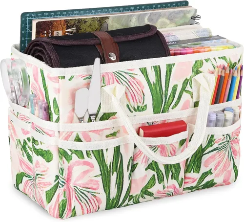 Miniatura 19 de Bolsa de mano organizadora de manualidades con múltiples bolsillos, gran caddy de almacenamiento de arte con asas para arte, manualidades, costura