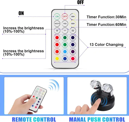 Miniatura 5 de Honoson Paquete de 4 Focos de Doble Cabeza que Funcionan con Baterías, Focos LED RGB Inalámbricos para Interiores con Control Remoto, Luces