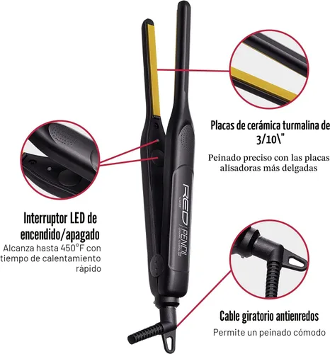 Miniatura 2 de Red by Kiss Plancha plana de lápiz de 0.3 pulgadas, alisadora de pelo de turmalina de cerámica de 3/10 pulgadas para cabello fino, corto y peinado