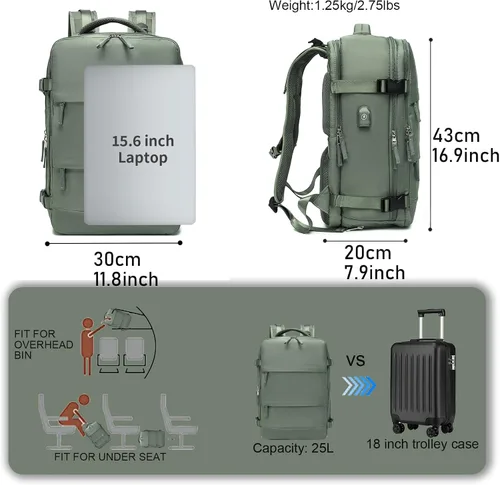 Miniatura 2 de Somago Mochila de viaje con 3 compartimentos grandes, aprobada por aerolíneas, mochila de mano casual, para portátiles de hasta 16 pulgadas, Verde