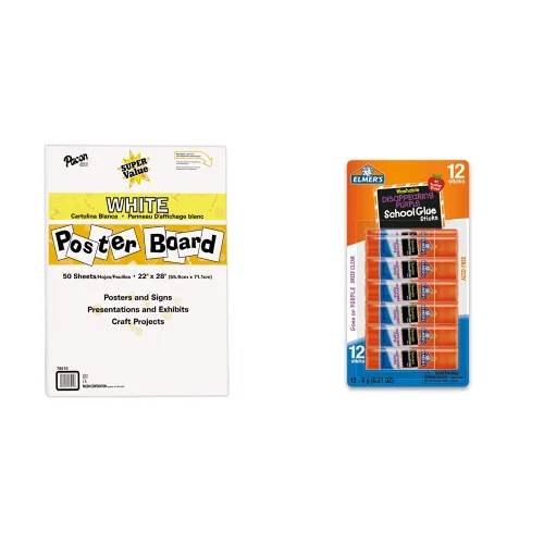 Pacon Tablero de póster de gran valor, 22 x 28 pulgadas, blanco, 50 hojas y barras de pegamento escolar púrpura desaparecidas de ELMER's, lavable,
