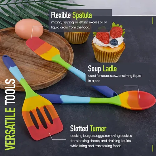 Miniatura 3 de Juego de espátulas de silicona arcoíris de 9 piezas con pinzas, utensilios de cocina multicolores resistentes al calor para utensilios de cocina