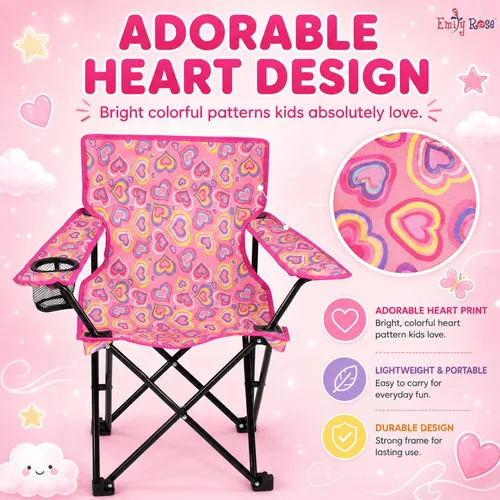 Miniatura 3 de Emily Rose Silla de playa plegable para niños con soporte para tazas, bloqueo de seguridad y estuche de transporte a juego (corazones juguetones)
