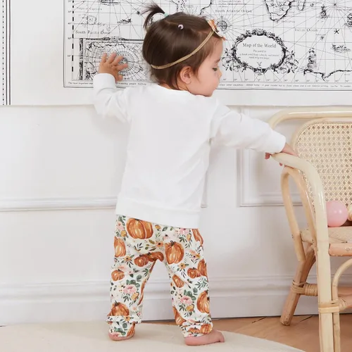 Miniatura 4 de Ropa de invierno para bebé niña, sudadera de cuello redondo con diseño de calabaza, pantalones deportivos de flores, diadema para niños pequeños