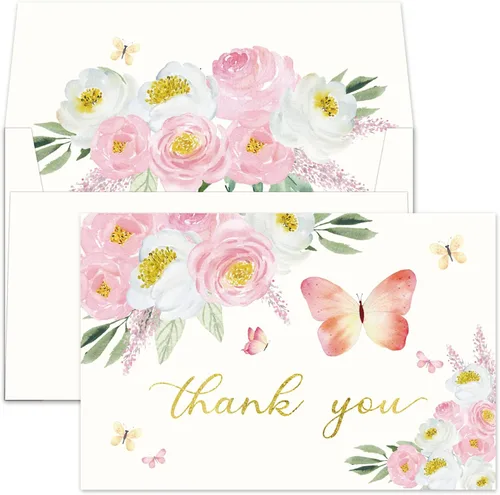 Gooji Tarjetas de agradecimiento florales de color rosa mariposa 4 x 6 con sobres a granel (paquete de 20 sobres a juego), acuarela, fiesta de