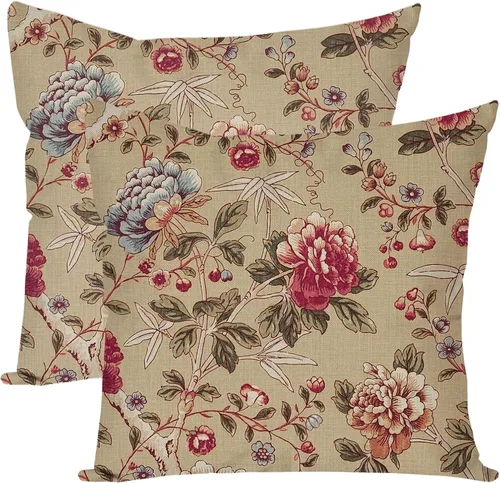 Fundas de almohada decorativas con diseño floral vintage de 20 x 20 pulgadas, diseño de flores de peonía, color beige, para exteriores, estilo