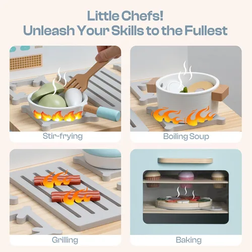 Miniatura 2 de ROBOTIME Juego de cocina de juguete de madera con horno, accesorios de cocina de simulación Montessori con juguetes de comida de pizza y cupcakes