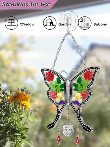 Miniatura 7 de KY&BOSAM Atrapasoles de mariposa con texto en inglés "I Love You Sister" para ventanas con flores secas y prensadas reales, dije de corazón grabado