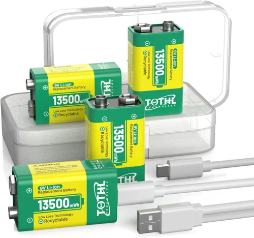 Paquete de 4 baterías de 9 V para detector de humo, baterías de litio recargables por USB de 9 V, baterías de litio de 9 V recargables de larga