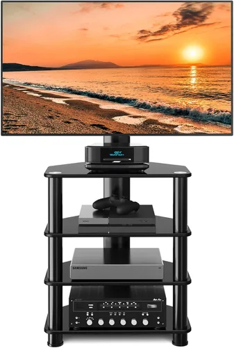 TAVR Furniture Soporte de TV con componentes multimedia de 4 niveles con estante de audio giratorio y soporte ajustable en altura, soporte de TV de