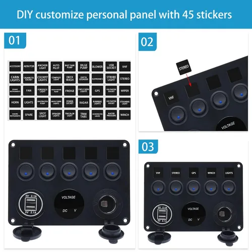 Miniatura 5 de KAOLALI Panel de interruptores de palanca de 5 bandas, panel de interruptores marinos automotrices, panel de interruptores impermeable de 12 V