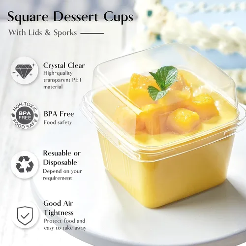 Miniatura 3 de TOFLEN 100 tazas cuadradas de plástico para postre de 8 onzas con tapas y tenedores, vasos de plástico transparente para yogur, parfait para mousse