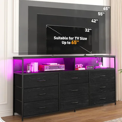 Miniatura 4 de Cómoda negra de 55 pulgadas de ancho para dormitorio con estación de carga y luz LED, soporte de TV de 65/55/50 pulgadas con 9 cajones de tela