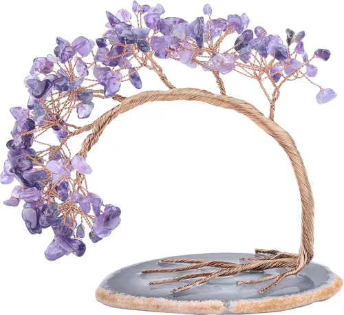 Miniatura 18 de Nupuyai Árbol de dinero de cristal curativo de alambre de cobre de 3-4 pulgadas para la buena suerte, base de rodajas de ágata bonsái, decoración