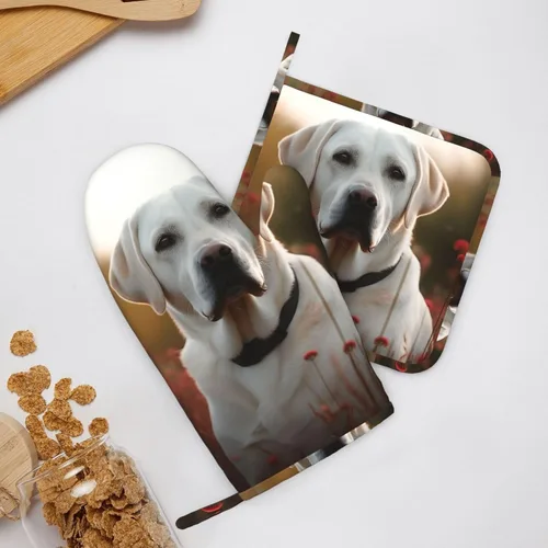 Miniatura 8 de Juego de guantes de horno y soportes para ollas con estampado de labrador blanco, resistentes al calor, antideslizantes, guantes de horno