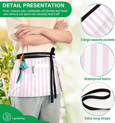 Miniatura 6 de Delantal de cintura a rayas de color rosa con 3 bolsillos, resistente al agua y al aceite, delantal corto para camarero, medio delantal para cocinar
