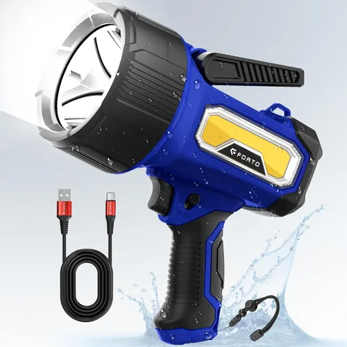 Miniatura 10 de FORTO Foco recargable, 200000 lúmenes, luz de mano con soporte plegable, 6 modos IPX7, impermeable, luces LED para pasear al perro, caza, camping