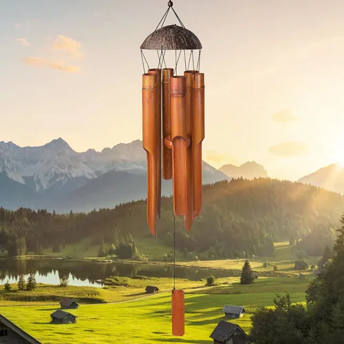 Miniatura 8 de Campanillas de viento de bambú de 30 pulgadas, 6 tubos, campanillas de viento de madera hechas a mano que aportan una melodía única y relajante