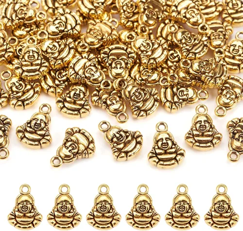 Miniatura 17 de Craftdady Pendientes colgantes de elefante dorado con suerte - Dijes de Jesús en oro antiguo, peces, hojas budistas, ojos malvados, amuletos
