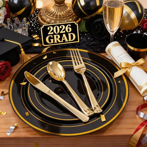 Miniatura 5 de WELLIFE 210 piezas platos de plástico negro y dorado - Juego de vajilla de plástico para 30 invitados, incluye 30 platos de cena, 30 platos