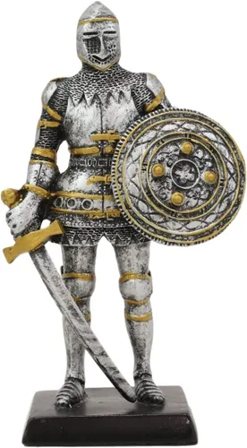 Ebros Gift Figura en miniatura medieval renacentista de caballero real con espada de daga y escudo redondo, 5 pulgadas de alto, traje de armadura,