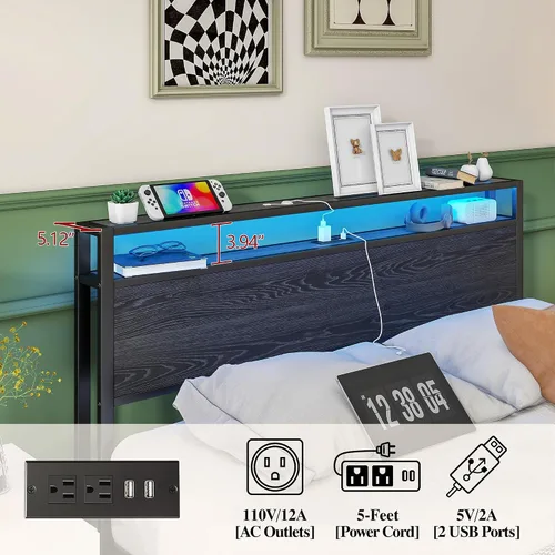 Miniatura 6 de BOFENG Base de cama Queen con cabecera de almacenamiento, marco de cama de plataforma de metal tamaño Queen con luces LED, estación de carga,