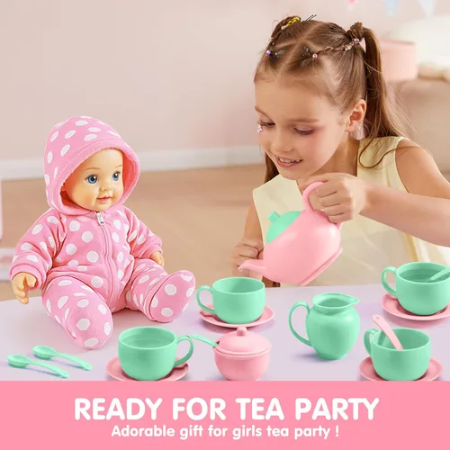 Miniatura 5 de JOYIN Juego de 18 piezas de fiesta de té de simulación, juego de té de plástico, mini cocina para niños, regalos para niños y niñas de 3, 4, 5, 6