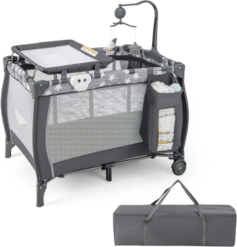 HONEY JOY Pack and Play, corral portátil 3 en 1 para bebé con moisés, mesa de cambio, ruedas con bloqueo, caja de música, cuna de viaje plegable,