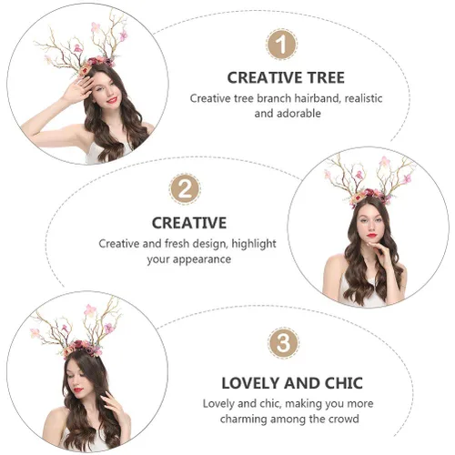 Miniatura 8 de Minkissy Diadema de cornamenta de ciervo, diadema de cuernos de reno de Navidad, diadema de ramas de árbol, tocado para el cabello, accesorios