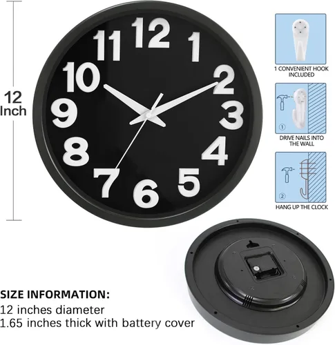 Miniatura 4 de Caysie Reloj de pared silencioso de números 3D de 12 pulgadas, moderno reloj redondo de cuarzo a pilas, decorativo para cocina, dormitorio, sala