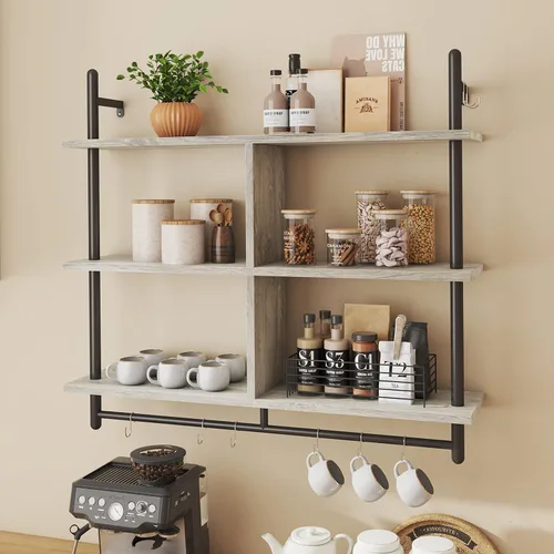 Bestier Estantes Flotantes de Cocina de 41" Montados en Pared de 3 Niveles Barra de Café Estante para Tazas Colgante con 8 Ganchos Exhibidor de