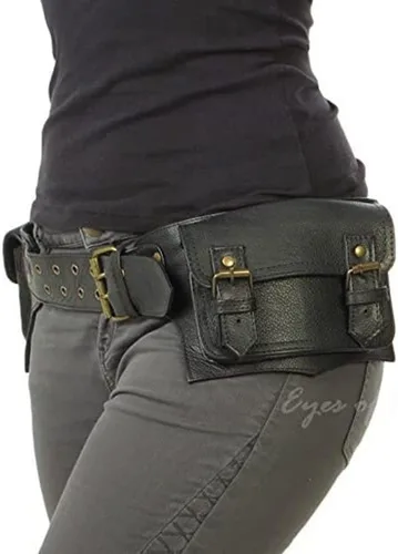 Miniatura 6 de Cangurera de cuero vintage para hombre y niño, bolsa de cuero para hombre, cinturón de mensajero, regalo para hombres y mujeres (negro)