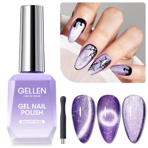 Gellen Esmalte de uñas de gel morado con ojo de gato, esmalte de gel de verano de 0.61 onzas líquidas con barra magnética, esmalte de uñas de ojo de