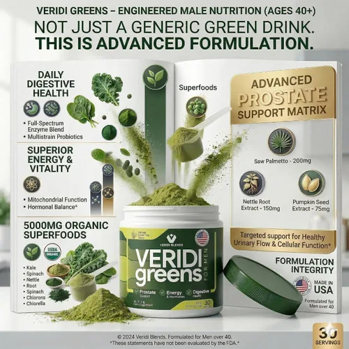 Miniatura 2 de Veridi Greens for Men 40+ Superalimento en polvo con palma enana americana 200 mg y espirulina Salud diaria de la próstata, flujo urinario