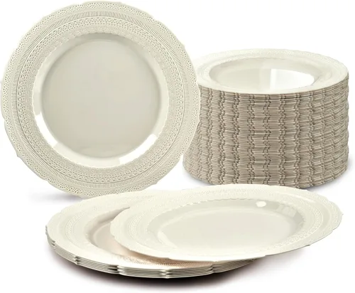 Miniatura 12 de Paquete de 240 platos, platos desechables de plástico extra pesados para fiesta de boda vintage (plato llano de 11 pulgadas, blanco castillo)