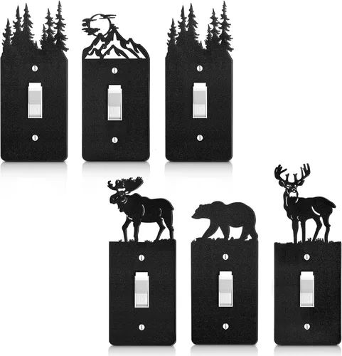 Lothee 6 piezas de placa de metal para interruptor de luz de oso, alce, árbol, montaña, alce, bosque, placa de salida de palanca, cubierta de pared