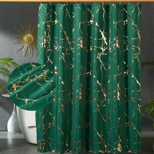 Miniatura 8 de Cortinas de ducha de mármol blanco y dorado para baño, cortina de ducha con destellos y ganchos, impresión única de oro en lámina, impermeable